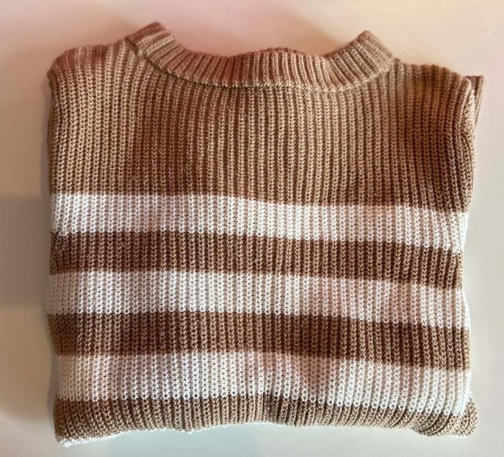 Talbots Brown and White Striped Ribbed Knit Crewneck Sweater